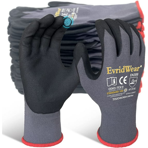EvridWear Safety Work Gloves, Touchscreen Micro-Foam Nitrile Coated Excellent Grip Glove for Men & Women General Purpose, 12 Pairs