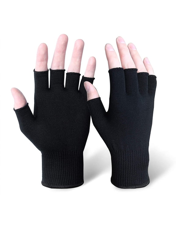 Silk Knit Unisex Adult Gloves Eco-friendly Liner Anti-UV Hypoallergenic All Season (Fingerless, L/XL, Black)