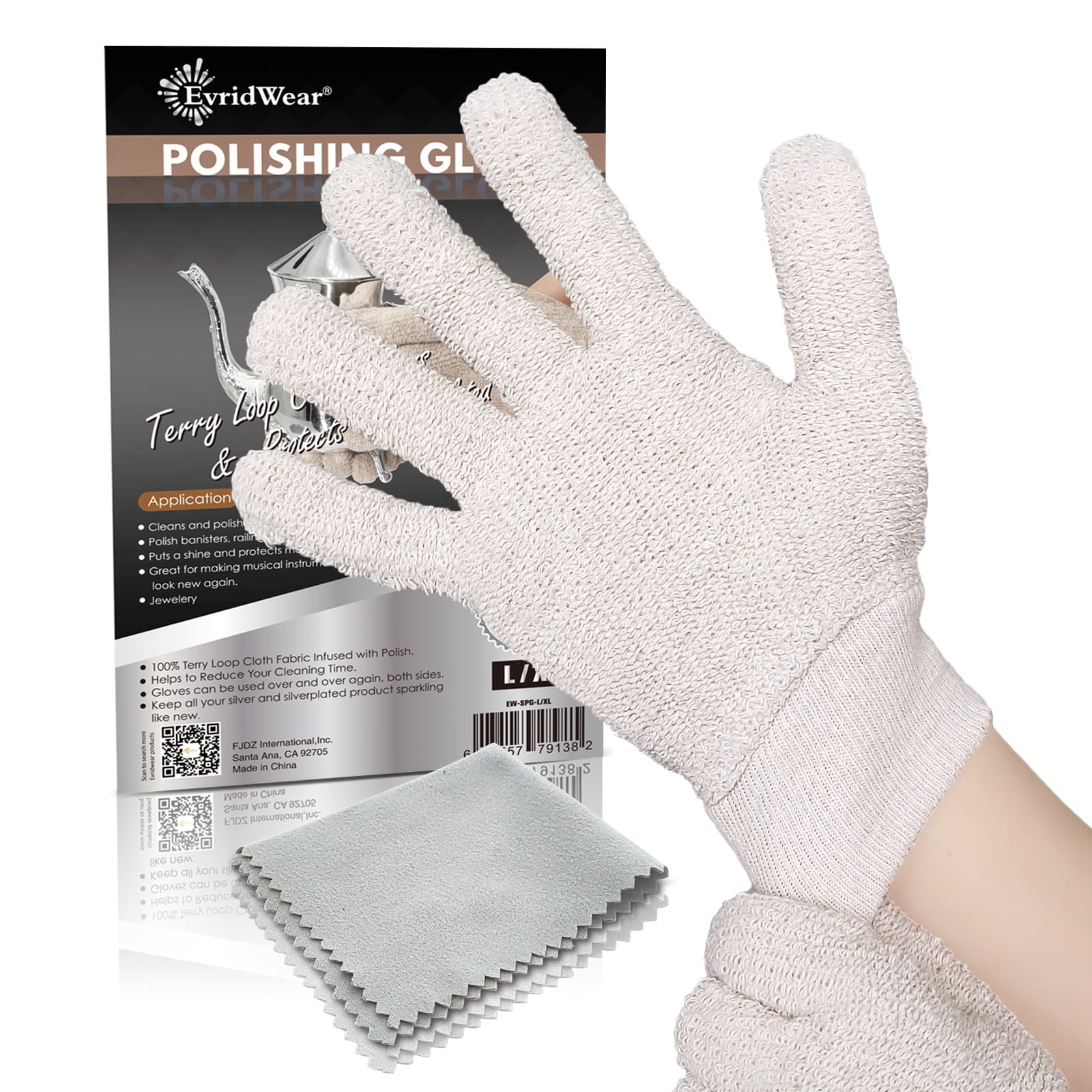 EvridWear Sterling Silver Polishing Cleaning Gloves with Terry Loop Cloth, Anti-Tarnish Removal Gloves for Jewelry, Gold, Brass, Copper, Ring, Stainless, Metal, 2 Sizes (2Pairs L/XL)
