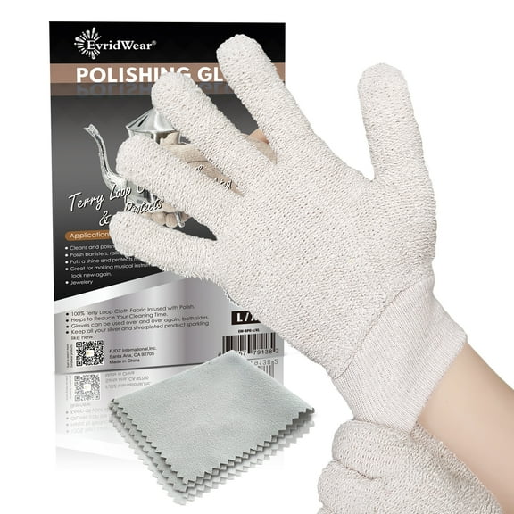EvridWear Sterling Silver Polishing Cleaning Gloves with Terry Loop Cloth, Tarnish Removal Gloves for Jewelry, Gold, Brass, Copper, Ring, Stainless, Metal, (L/XL Sizing)
