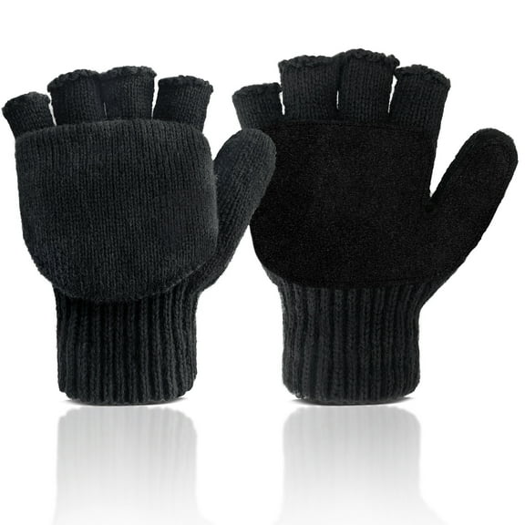 EvridWear Winter Convertible Fingerless Gloves, Wool Mittens Warm, with Anti-Slip Suede Leather Palm and Thumb, Unisex Style