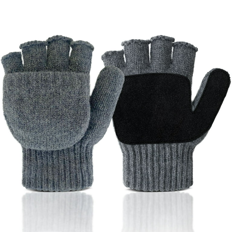 Evridwear Fingerless Winter Gloves Convertible, Knitted Wool Flip-Top Mittens, Anti-Slip Suede Leather, unisex
