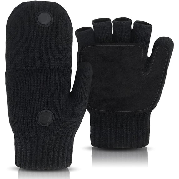 EvridWear Winter Knitted Convertible Fingerless Gloves, Wool Mittens, Unisex, Upgraded Hook and Loop Closure & Anti-Slip Suede Leather