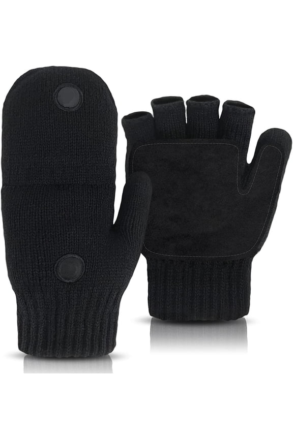 Winter Knitted Convertible Fingerless Gloves, Wool Mittens, Unisex, Upgraded Hook and Loop Closure & Anti-Slip Suede Leather