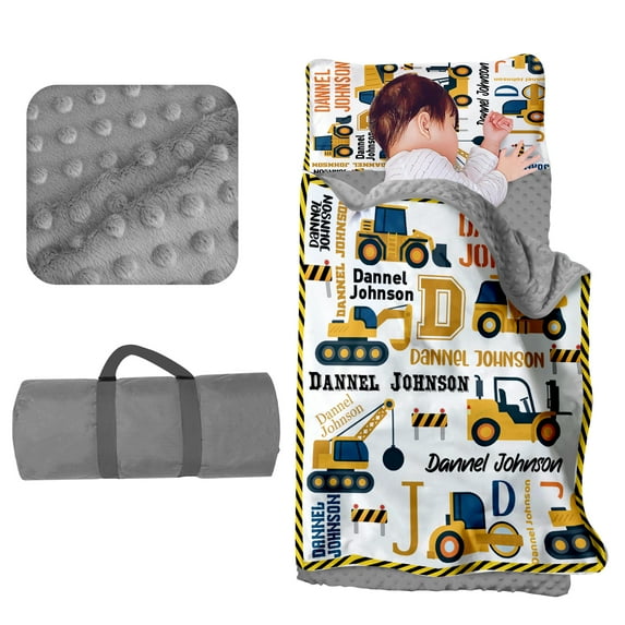 Evulum Custom Toddler Boys Sleeping Bag, Nap Mat for Daycare Preschool, Kids Sleeping Bag & Pillow and Blanket for Kindergarten, Personalized Name Easy Carry Sleeping Mat Engineering Vehicles