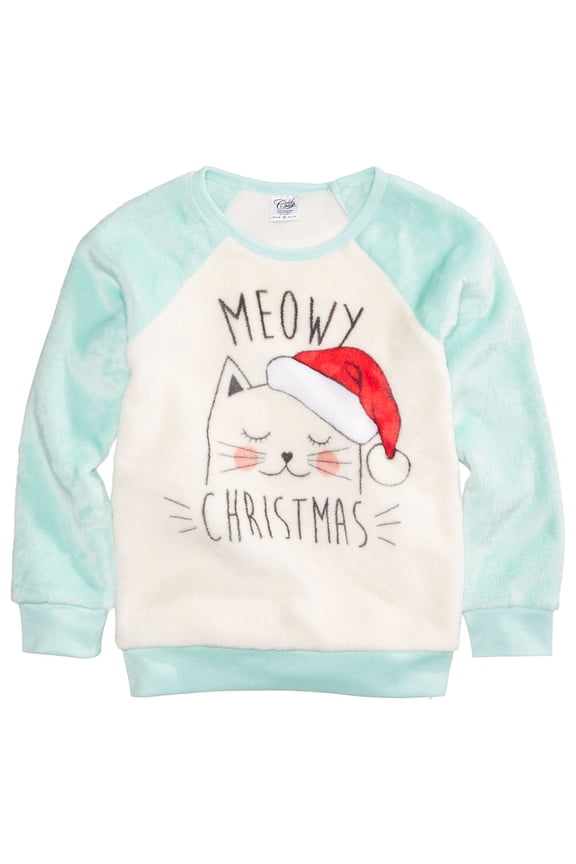 'Cat Holiday' Baby Girls Crew Neck Sweater (3T/3, Egg Shell)
