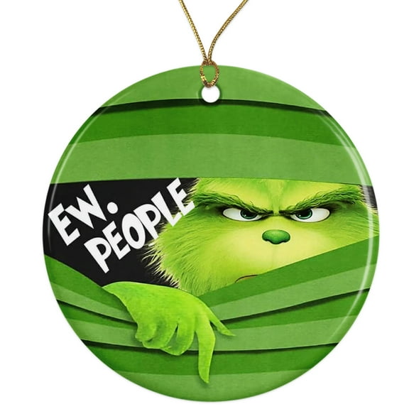 Ew People Grinnch Green Character Ceramic Ornament - Funny Cartoon Character - 3 Inch Christmas Tree Round Ornament - Xmas Holiday Decor - String Included - ORNW0113