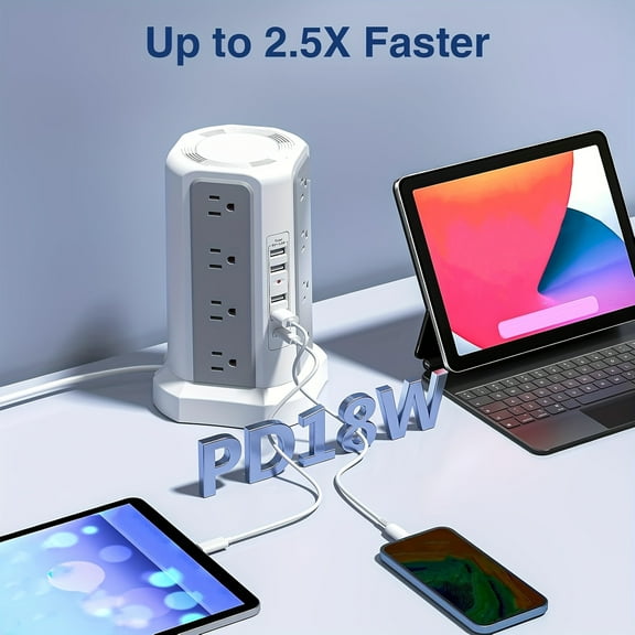Ew Product Upgrade FortuneKey Trading Tower Surge Protector Power Strip PD18W/20W. Extension Cord with 12 AC Outlets 5 USB Charging Ports Surge Protection for Home Office DormRoom