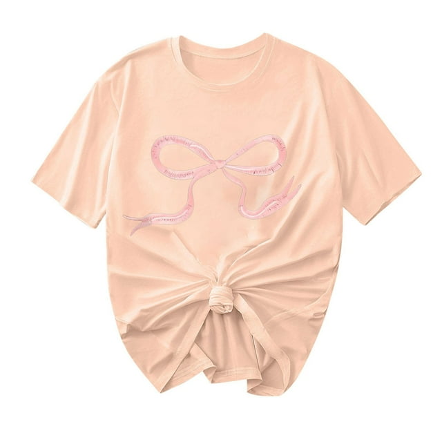 Erwazi Valentine's Day Bow Pattern T-Shirt for Women Casual Crewneck ...