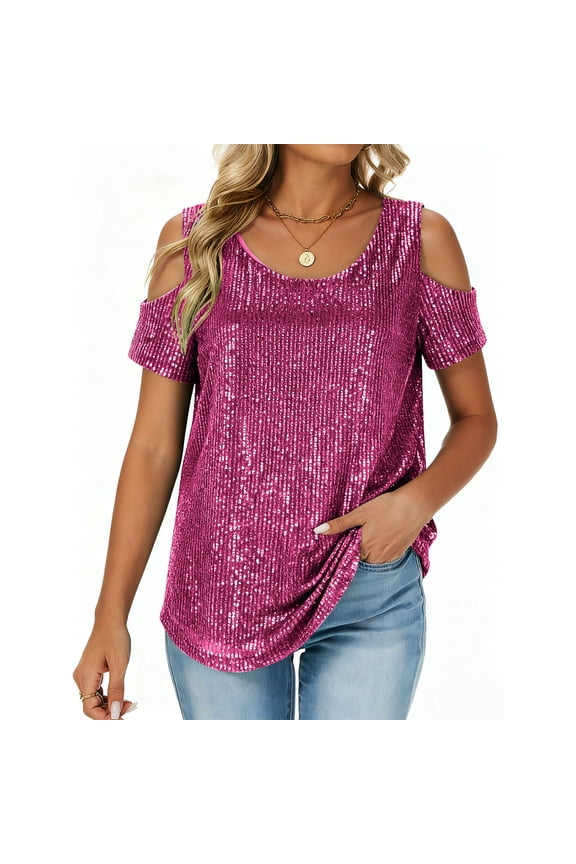 Women's Cold Shoulder Sequin Tops Short Sleeve Crewneck Oversized T-Shirt Loose Fit Party Top