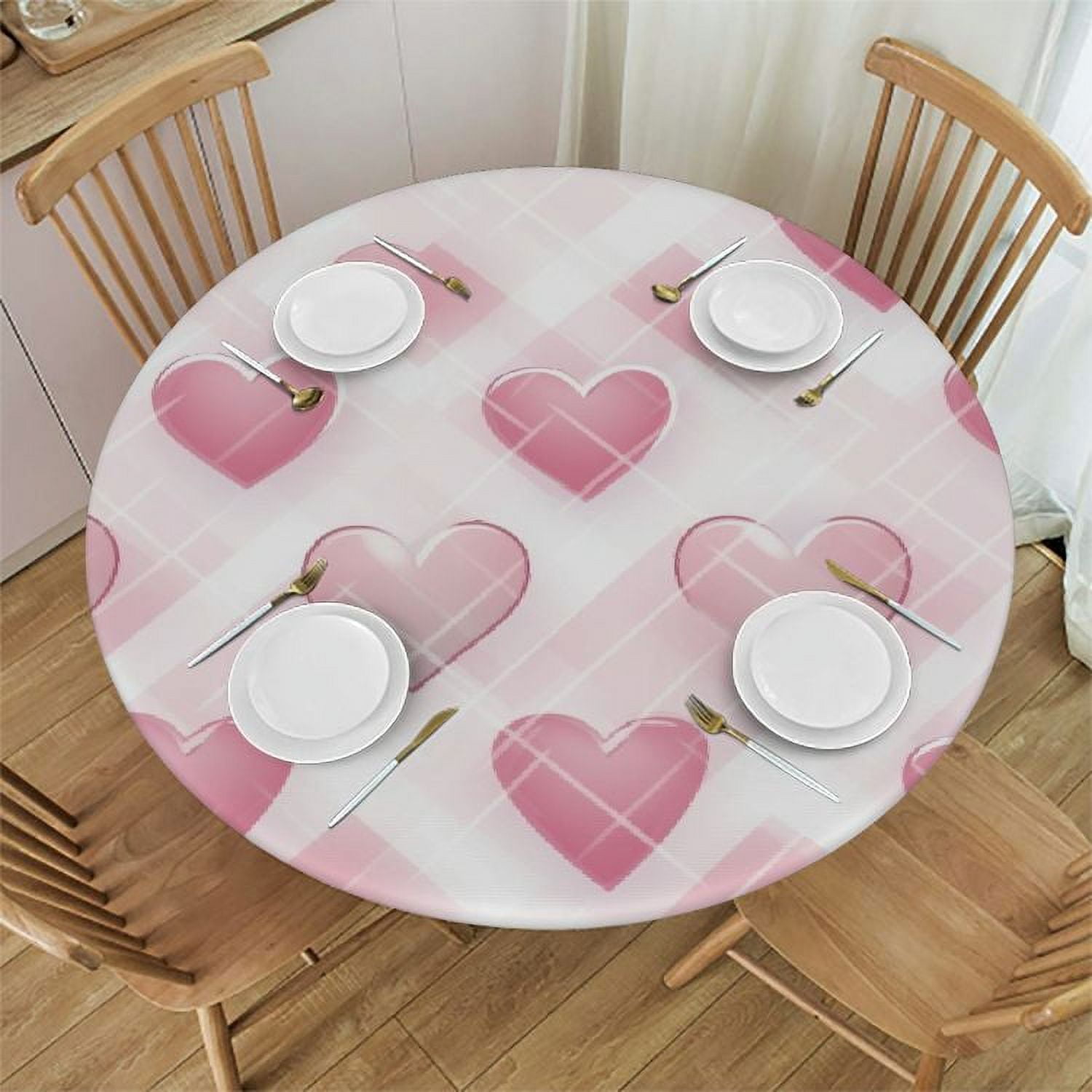EwdeWwo Valentine's Day Elastic Round Tablecloth, Heart Buffalo Plaid