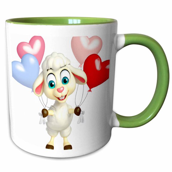 3drose, Ewe Lamb Holding Heart Shaped Balloons, 11oz Two-tone Green Mug