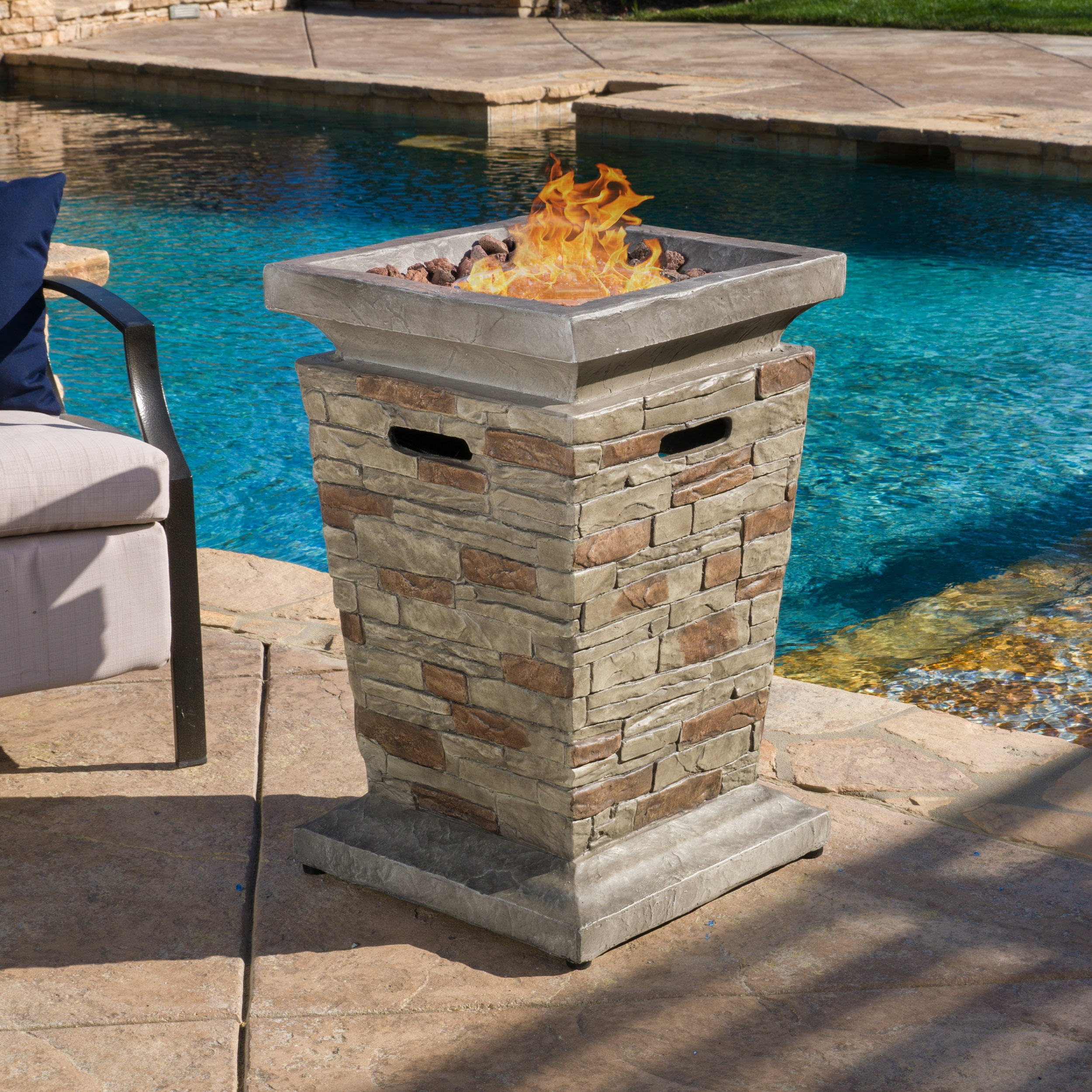 Ewestern Outdoor 19.50" MGO Fire Column with Natural Stone Finish 40,000 BTU for Patio Backyard Firepit with Propane Tank Storage Lightweight Concrete Design