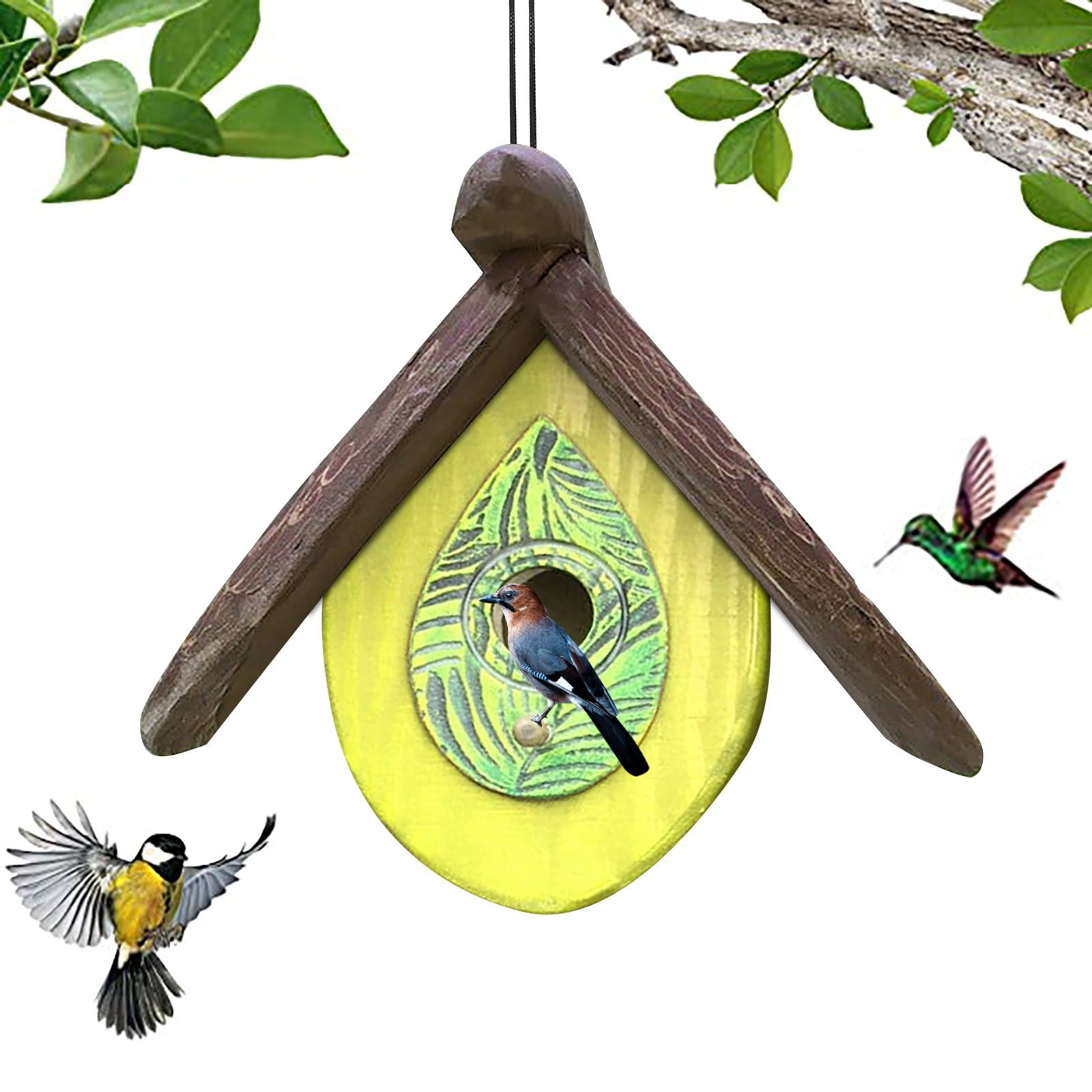 Ewgqwb Bird Feeder Birdbath Hand Carved Wood Birdhouses Hanging Bird House Outdoor Garden Patio