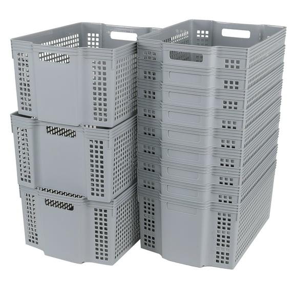 Ewingger 12 Pack Plastic Stackable Baskets, Large Storage Basket for Shelves, Grey