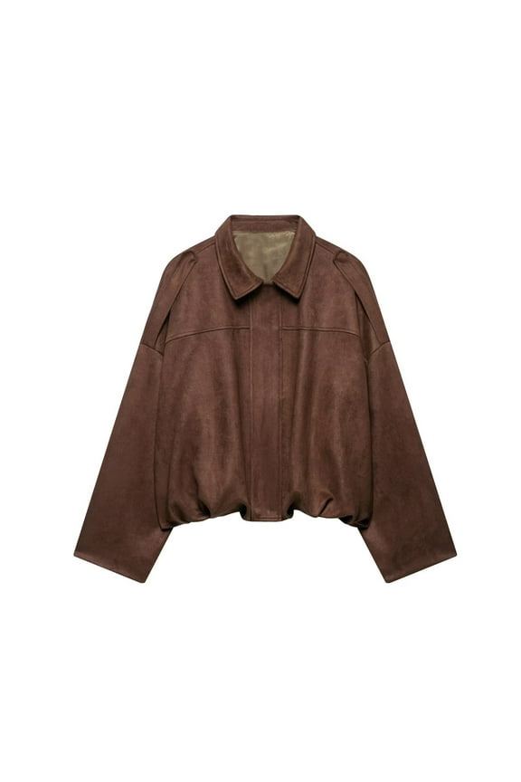 Stylish Oversized Suede Effect Jacket With Shoulder Collared Neck Zip Up Coat Blended Fabric, Brown Blended Fabric Collared Neck Coat, Brown M, Size M-L