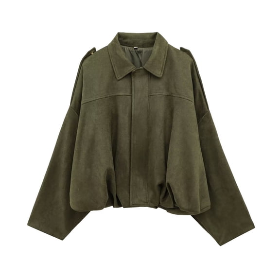 Ewisvgh Stylish Oversized Suede Effect Jacket With Shoulder Collared Neck Zip Up Coat Blended Fabric, Green Blended Fabric Collared Neck Coat, Green L, Size M-L