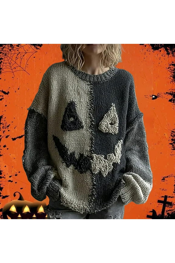 Women's Halloween Funny Sweater S-5Xl Halloween Funny Sweater Pumpkin Print Pullover Casual Polyester, Black 4XL,Size S-5XL
