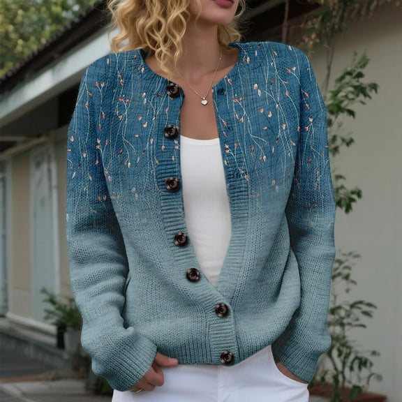 Ewisvgh Women's Winter Button Down Cardigan S-Xl Button Down Cardigan Sweater Long Sleeve Chunky Knit Printed V Neck Casual Trendy Fall Tops Coat Deer Plush, Blue L,Size S-XL