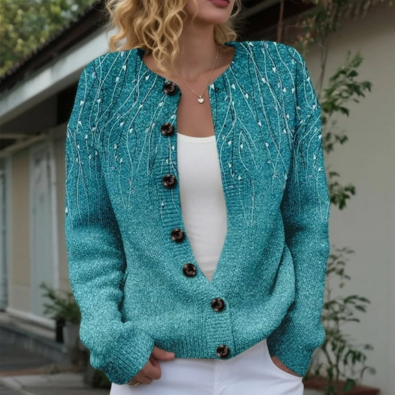 Ewisvgh Women's Winter Button Down Cardigan S-Xl Button Down Cardigan Sweater Long Sleeve Chunky Knit Printed V Neck Casual Trendy Fall Tops Coat Deer Plush, Blue L,Size S-XL