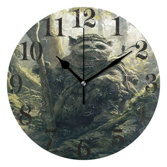 Ewok in Forest Round Wall Clock Battery Operated Silent Non-Ticking Bedroom Office Kitchen Home School Decor 10"(Black)