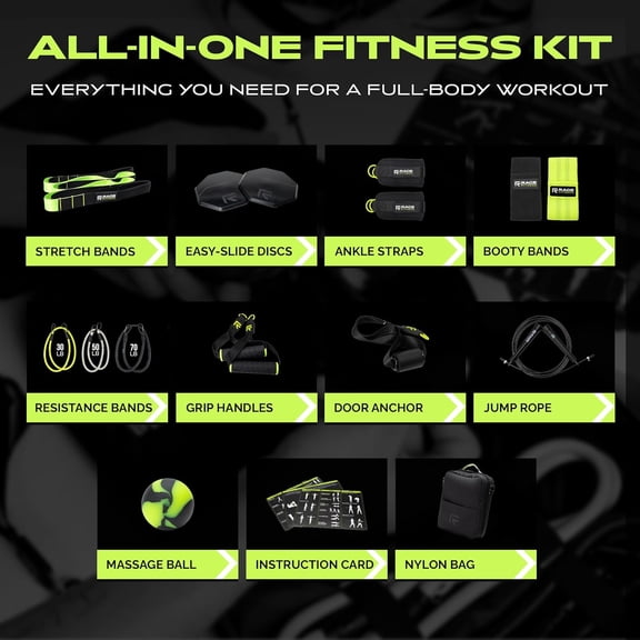 Ex Kit Home Gym Equipment with Carry Bag - 10Pcs Resistance Bands Kit with Handles, Door Anchor, Jump Rope, Booty Bands & More – Full Body Workout Bands Set for Strength, Cardio & Flexibility