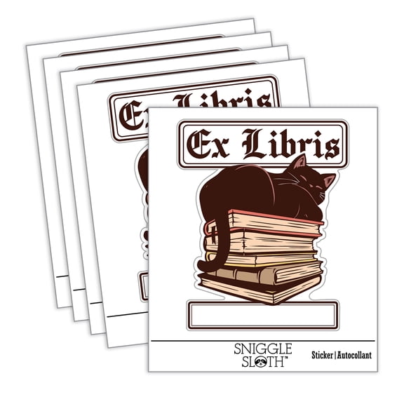 Ex Libris Cat on Stack of Books Reading Car Window Bumper Water Bottle Phone Tablet Laptop Waterproof Vinyl Decal Sticker Set 5-Pack - Gloss Finish - 2.0"