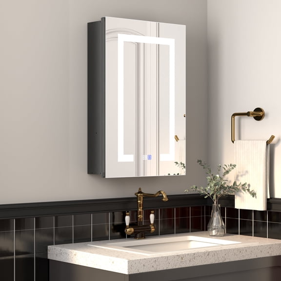 ExBrite 16"W x 24"H LED Medicine Cabinet with Matte Black Finish, Adjustable Shelves, Anti-Fog, USB Ports, Recessed or Surface Mount, Hinge on Right