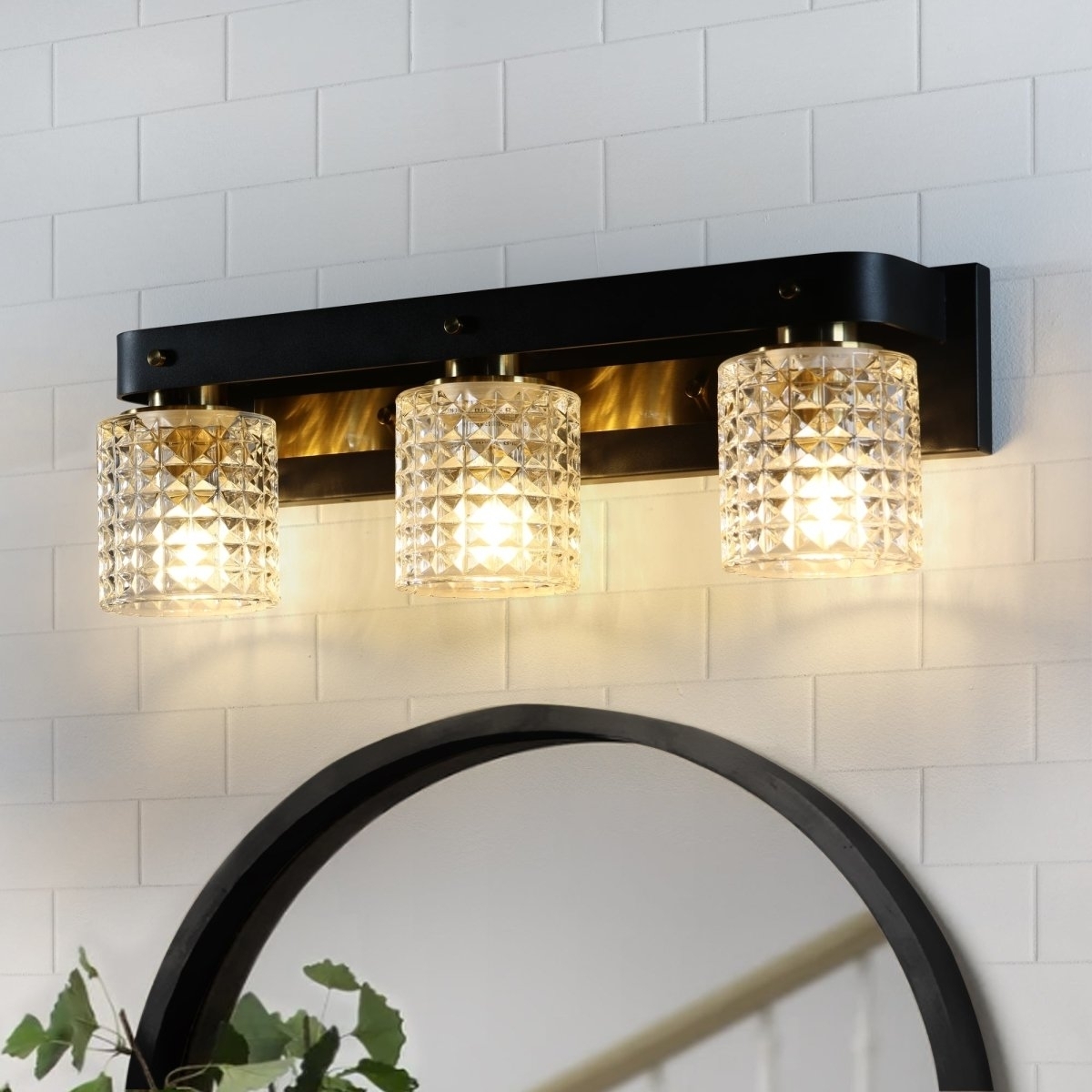 ExBrite 3 Light Bathroom Black and Gold Glass Vanity Lights for