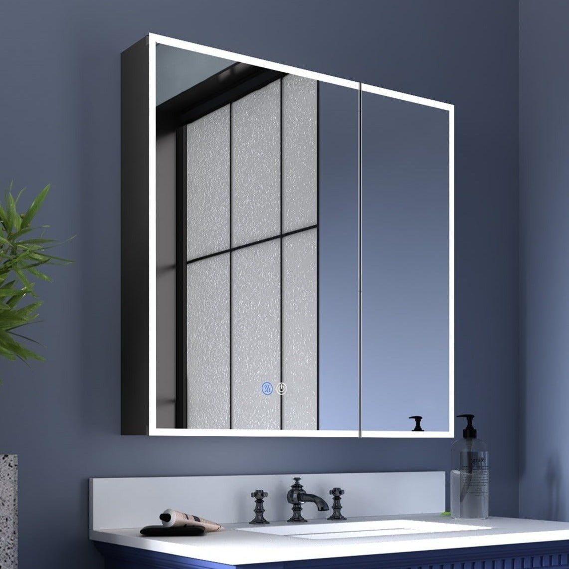 ExBrite 36'' x 32'' LED Lighted Mirror Black Medicine Cabinet with Shelves for Bathroom Recessed or Surface Mount - 36'' x 32
