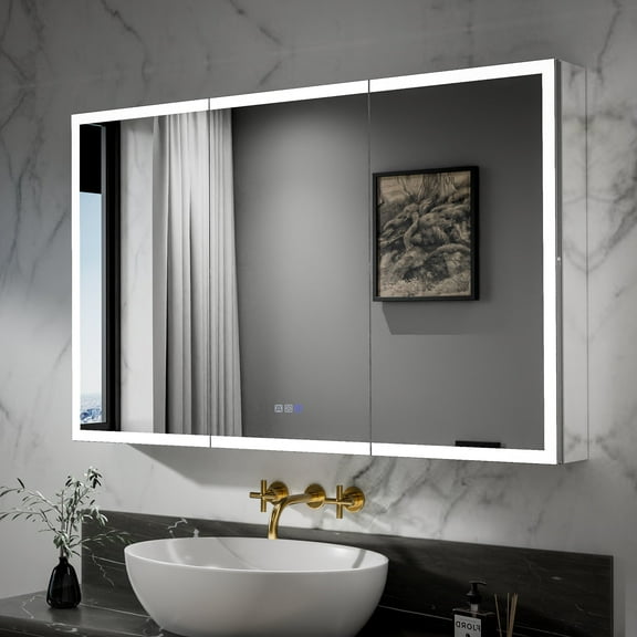 Rim-s 48"W x 30"H LED Medicine Cabinet with Anti-Fog, Stepless Color Temperature and Dimming, Adjustable Shelves, Aluminum Frame, Recessed or Surface Mount