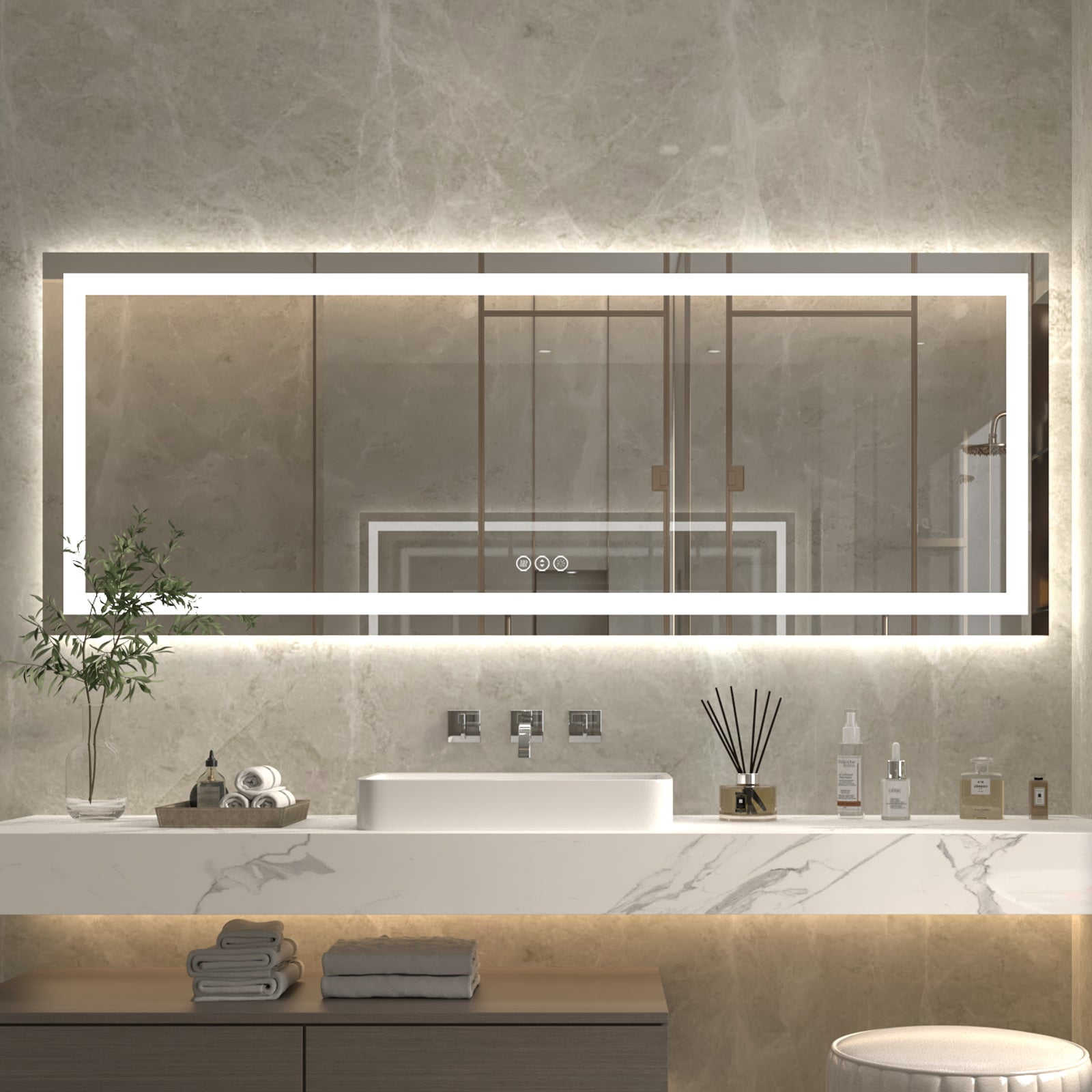 ExBrite 84 x 32 inch LED Bathroom Large Light Led Mirror,Anti Fog,Dimmable,Dual  Lighting Mode,Tempered Glass 