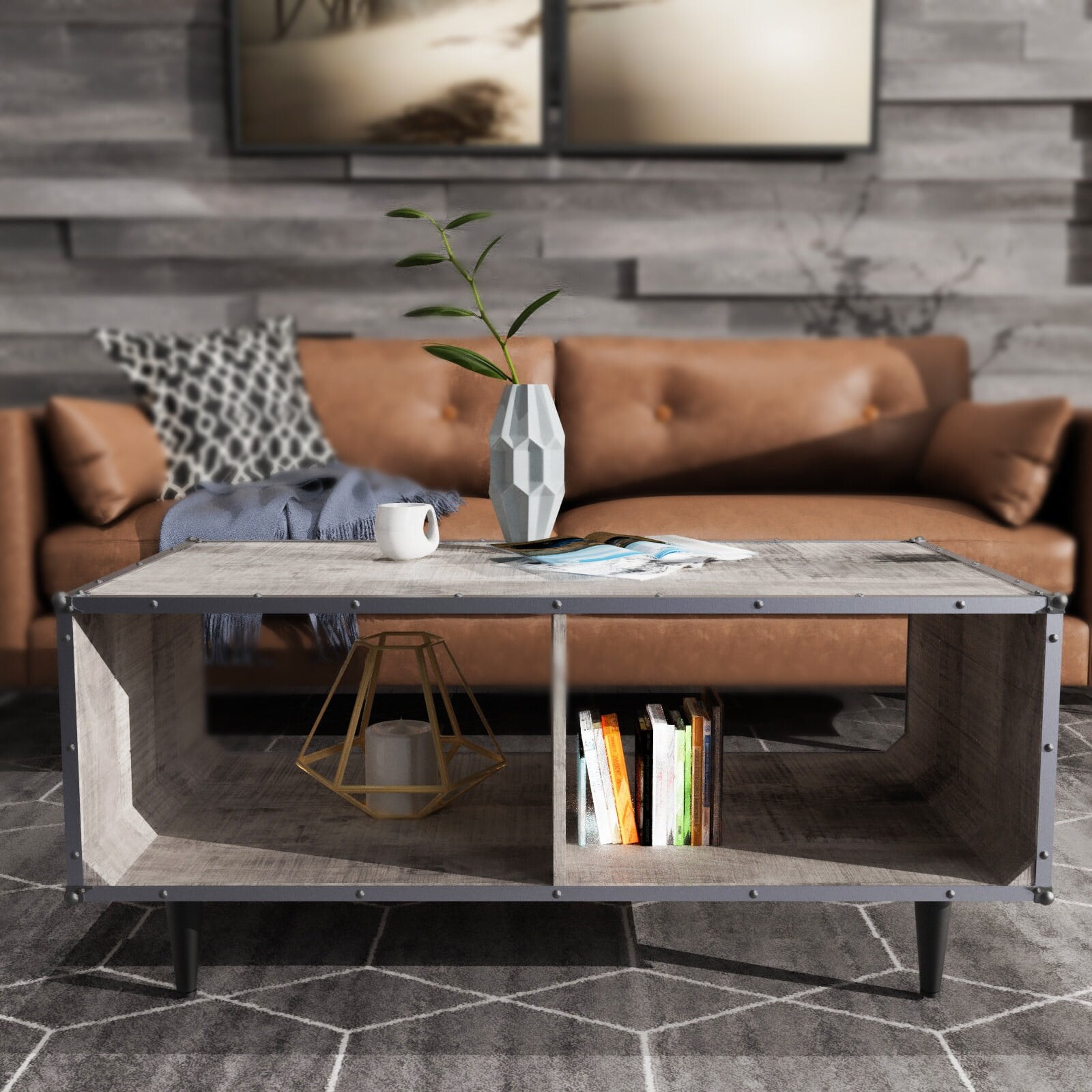 ExBrite Solid Wood Coffee Table ,Gray Wash WoodCoffeeTable 1SET Classic