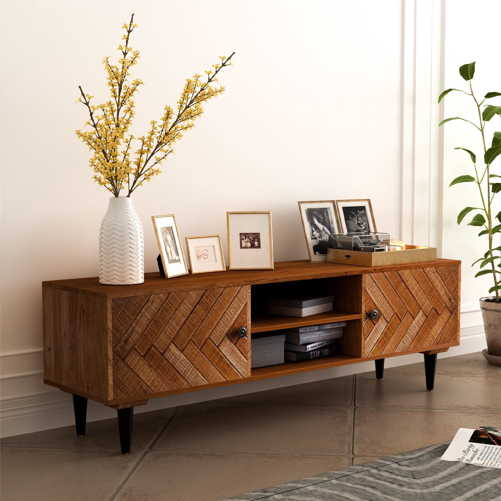 ExBrite Solid Wood Media Console Woodcraft HerringBone Pattern 2 Doors
