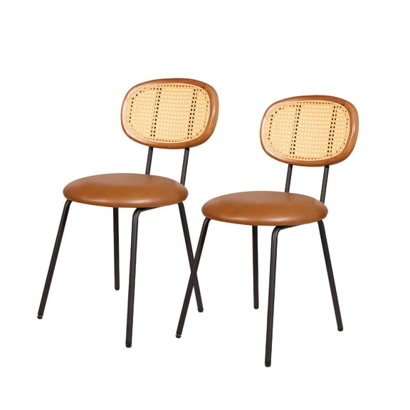 ExOffice Modern Dining Chairs,Rattan Cane Back Side Chairs with Faux Leather Upholstered Seat,Comfy Dining Table Chairs Set of 2,Brown