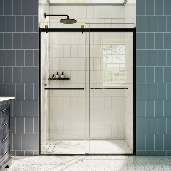 ExRoll 56"-60" Width x 74" Height Shower Sliding Glass,Clear Tempered Glass,Matte Black,Smooth Door Closing,Explosion-proof,Easy-to-clean coating