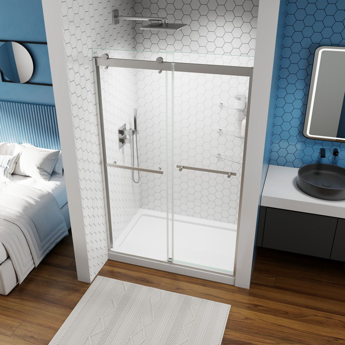 ExRoll 4448" x 74" Frameless Shower Sliding Glass,Brushed Nickel,Water