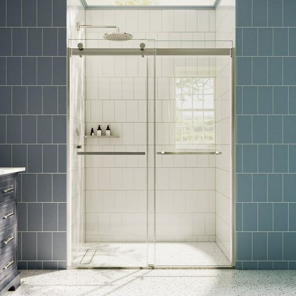 ExRoll 44-48" x 74" Framed Shower Sliding Glass,Brushed Nickel,Water Repellent Glass Shower Door,Explosion-proof,Easy-to-clean coating