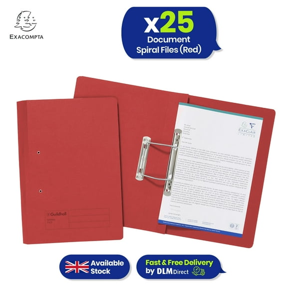 Exacompta Guildhall Spiral Transfer File, Document 285gsm Spring Manilla Folder File, Pack Of 25 (Red)