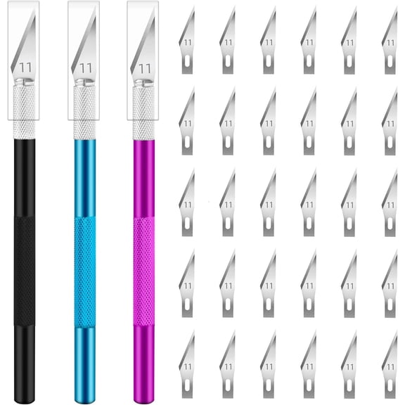 Exacto Knife, 3 Exacto Knives with 30 Exacto Blades #11, Craft Knife, Hobby Knife, Precis Knife, Exacto Knife t for Crafts, Arts, Mong, Scrapbooking (Purple-Blue-)