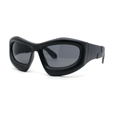 Exaggerated 90s Style Thick Bubble Frame Rectangle Curved Sport Plastic Sunglasses Matte Black - Black