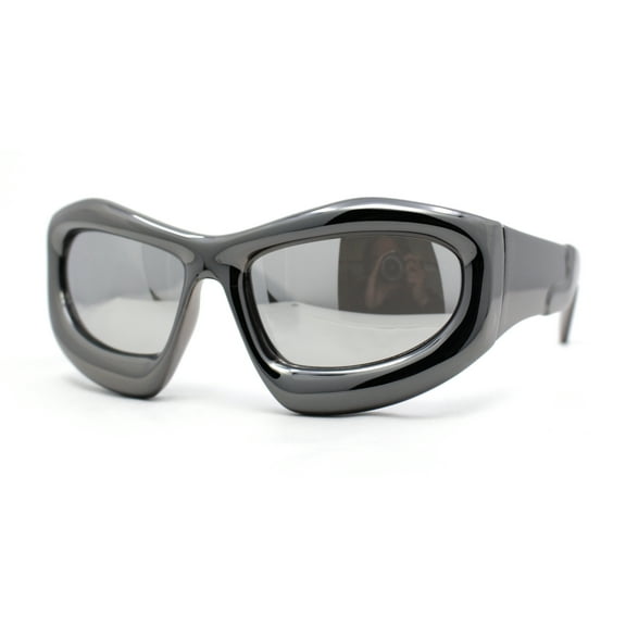 Exaggerated 90s Style Thick Bubble Frame Rectangle Curved Sport Plastic Sunglasses Silver Mirror