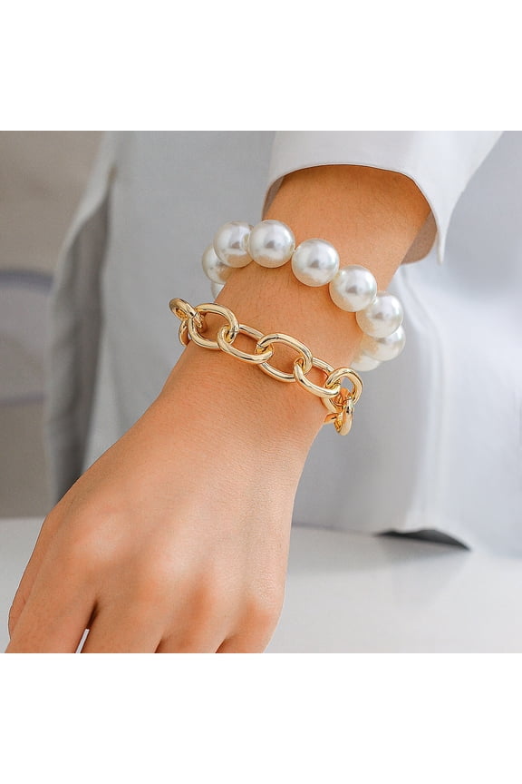 Womens Imitation Pearl Bead Bracelet Set Gold Plated Geometric Chain and Sphere Design Fashion Jewelry Exaggerated