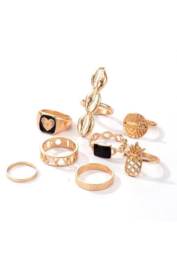 Womens Fashion Rings Set of 8 Alloy Rings with Black Heart Pineapple Shell Geometric Rings European and American Rings