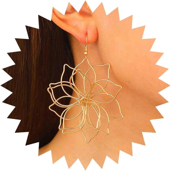 Exaggerated Lotus Flower Dangle Earrings Hollow Gold Flower Earrings Big Lotus Drop Earrings Open Lotus Statement Earrings Large Wire Flower Earrings Jewelry for Women