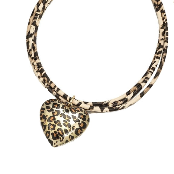 Exaggerated Metal Heart Pendant Necklace Double Layer Leopard Print Neckchain