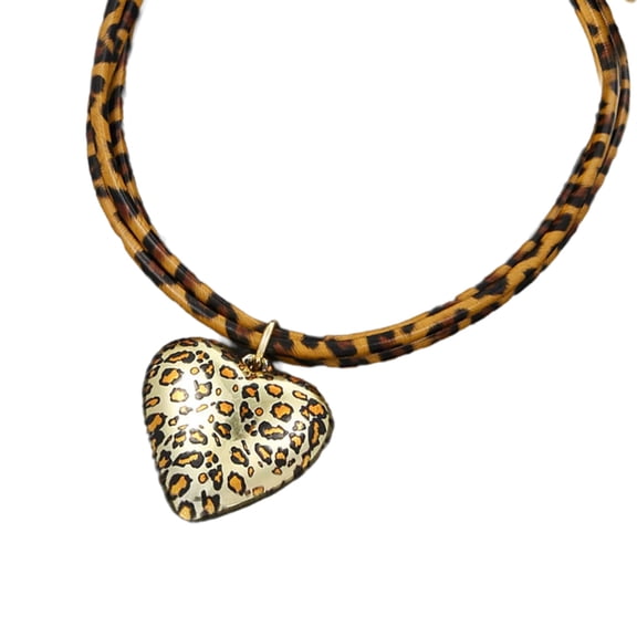 Exaggerated Metal Heart Pendant Necklace Double Layer Leopard Print Neckchain