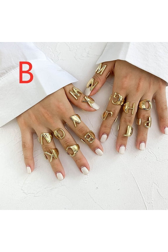 Exaggerated Retro Initial Letter Ring - Gold Metal Alphabet A-Z Index Finger Rings for Women - European and American Style Birthday Gift