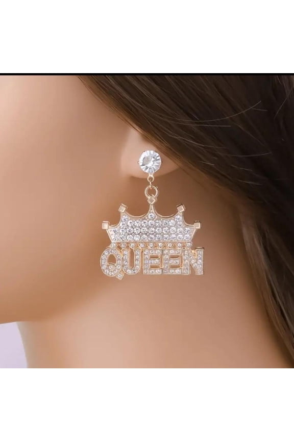 Exaggerated Rhinestone Drop Earrings Queen Letter Pendant Shiny Dangle Earrings All-match Women's Ear Jewelry