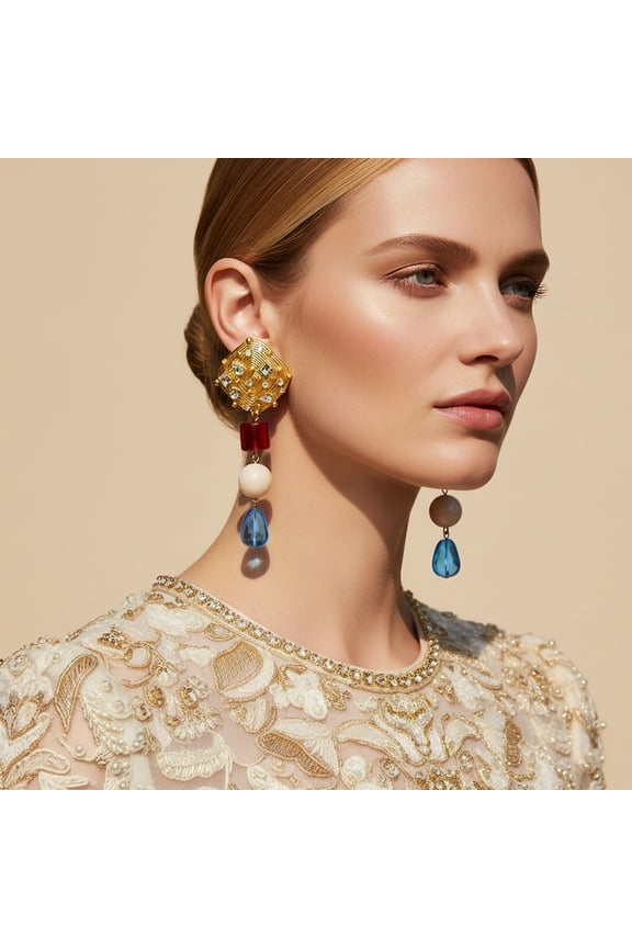 Exaggerated light-luxury style long resin earrings with a high-end feel, European and American niche square textured alloy earrings with diamonds